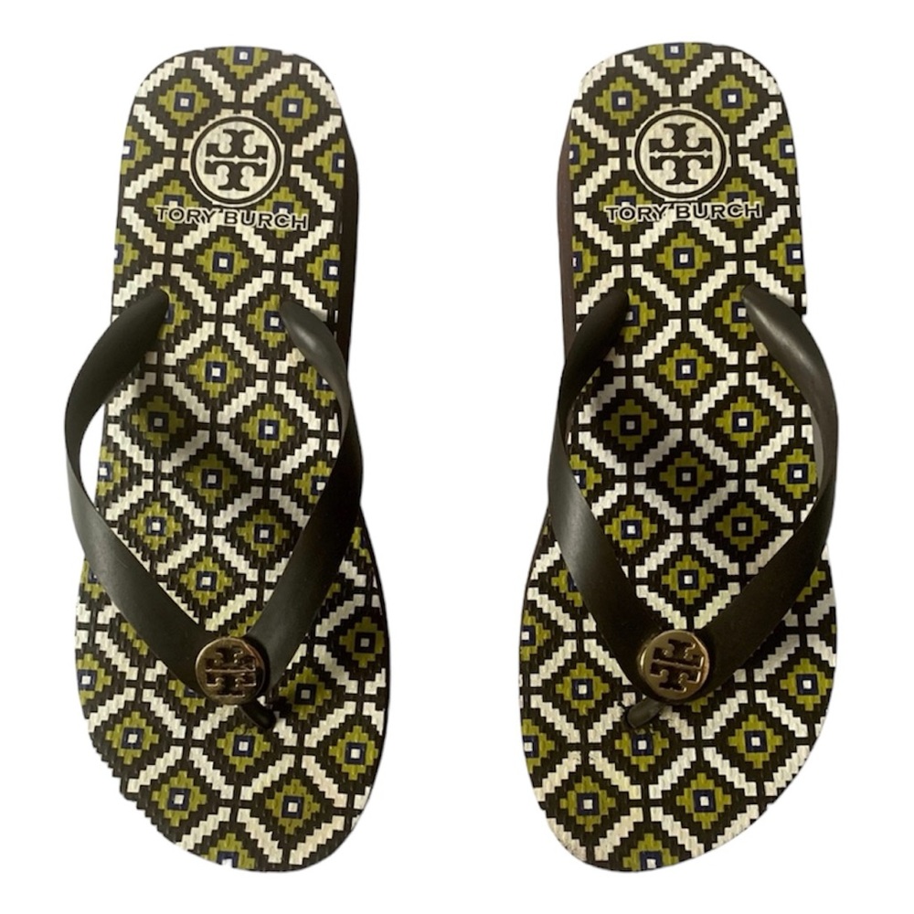 Tory Burch Brown & Lime wedge platform Flip Flops